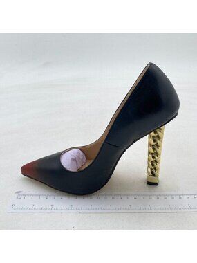 Black Metal Chain Chunky High Heel Pointed Toe Slip On Party Prom Pumps Shoes